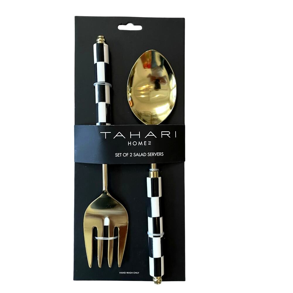 Tahari Salad Serving Spoon Fork Set of 2 Black & White Checkered Gold Glam New